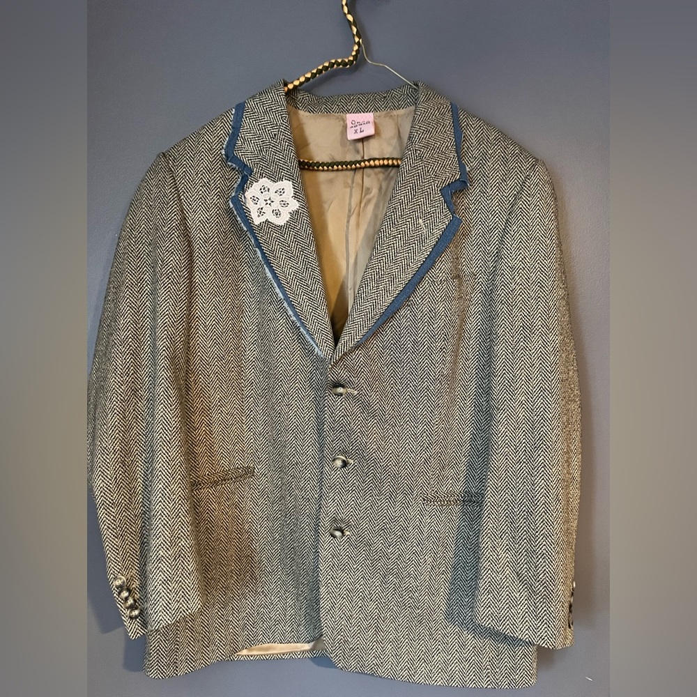Up cycled Herringbone Blazer with Blue Denim Trim